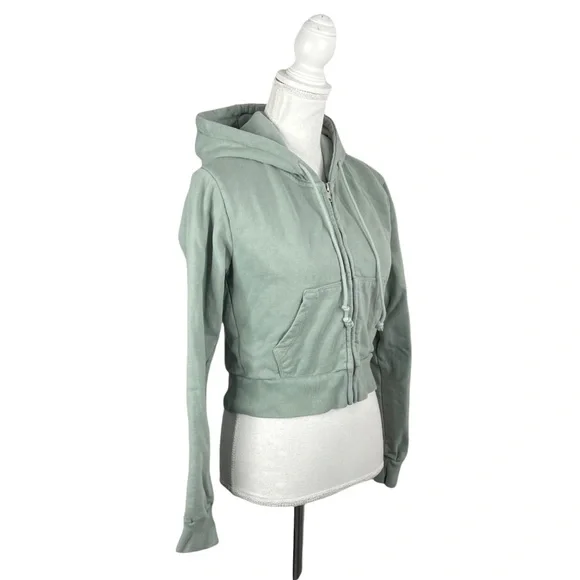 John Galt California Brandy Melville Sage Green Cropped Zip Front Hoodie Pockets - Picture 3 of 9